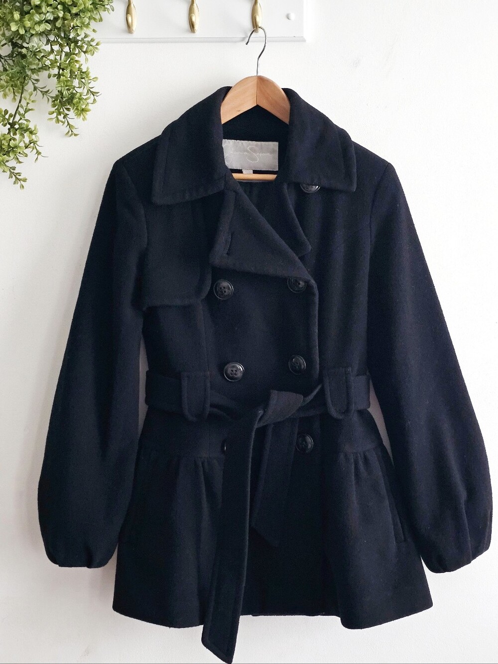 Jessica Simpson Black Wool Blend Belted Balloon Sleeves Peacoat Jacket Size M